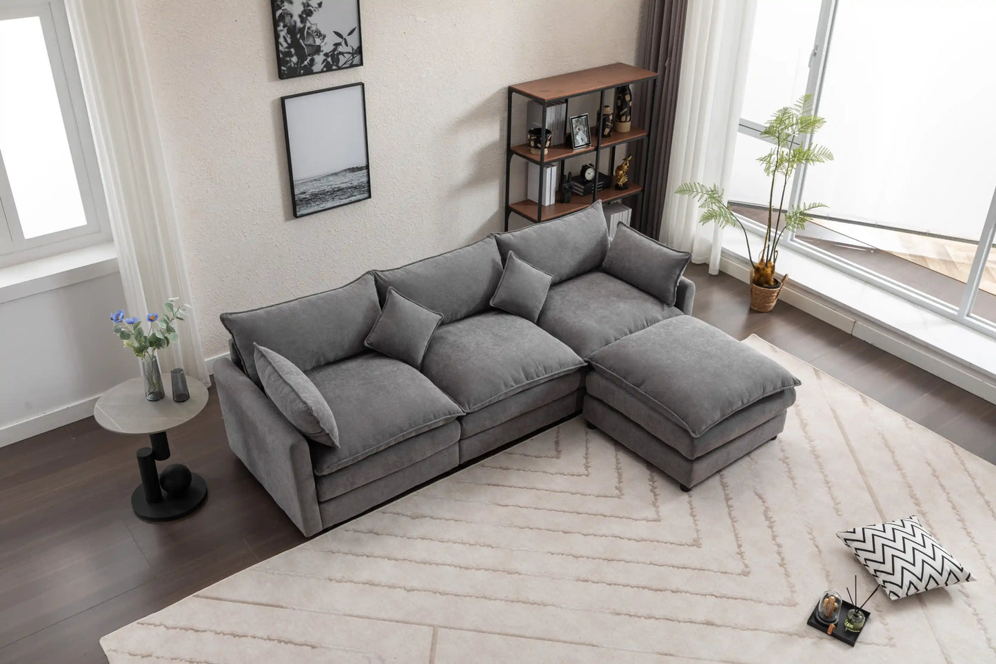 Louie Sofa L Shape, Modular Couch with Ottoman - Gray