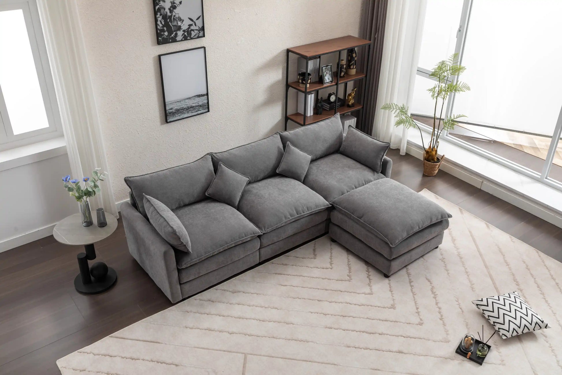 Louie Sofa L Shape, Modular Couch with Ottoman - Gray