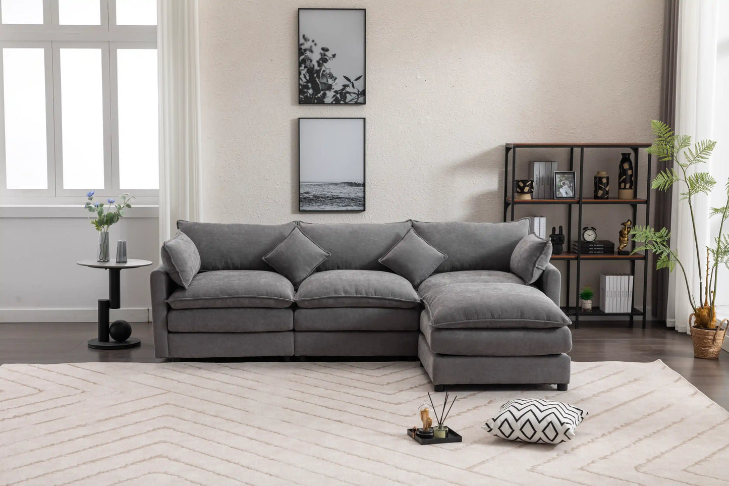 Louie Sofa L Shape, Modular Couch with Ottoman - Gray