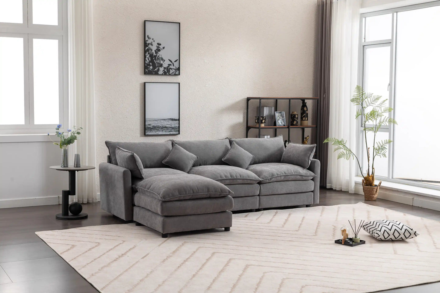 Louie Sofa L Shape, Modular Couch with Ottoman - Gray