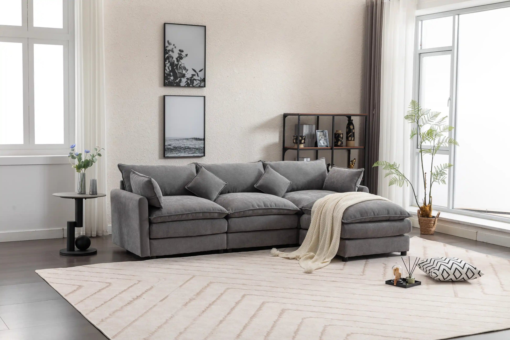 Louie Sofa L Shape, Modular Couch with Ottoman - Gray