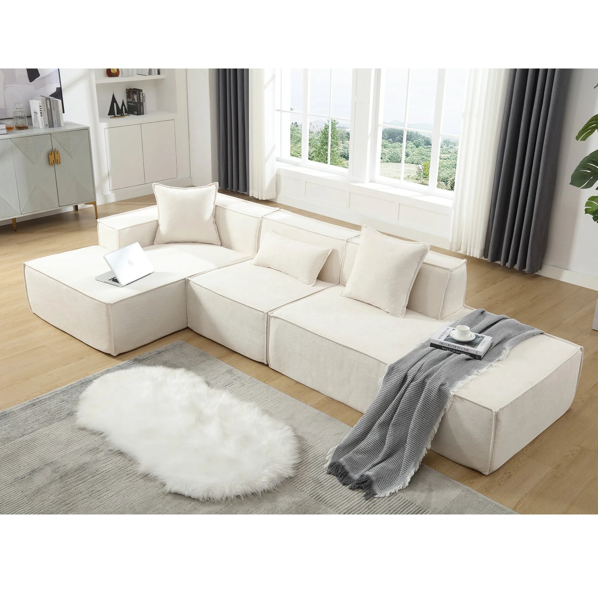 Modular Lounge Sofa, L Shaped Sectional with Chaise, Beige