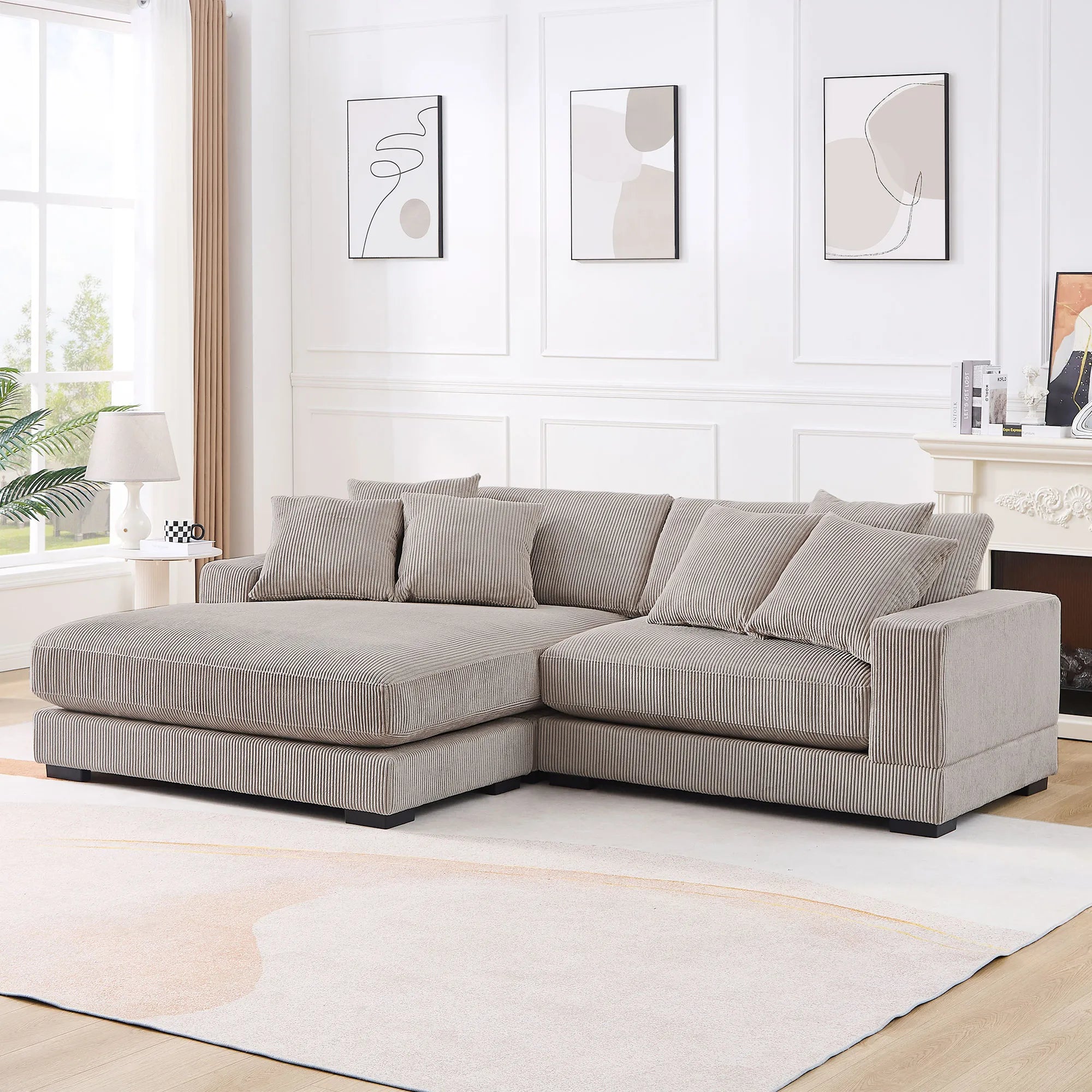 Corduroy Sofa, L-Shaped Couch with Chaise Lounge, Light Brown