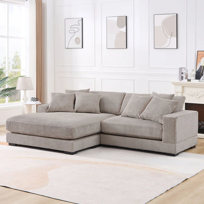 Corduroy Sofa, L-Shaped Couch with Chaise Lounge, Light Brown
