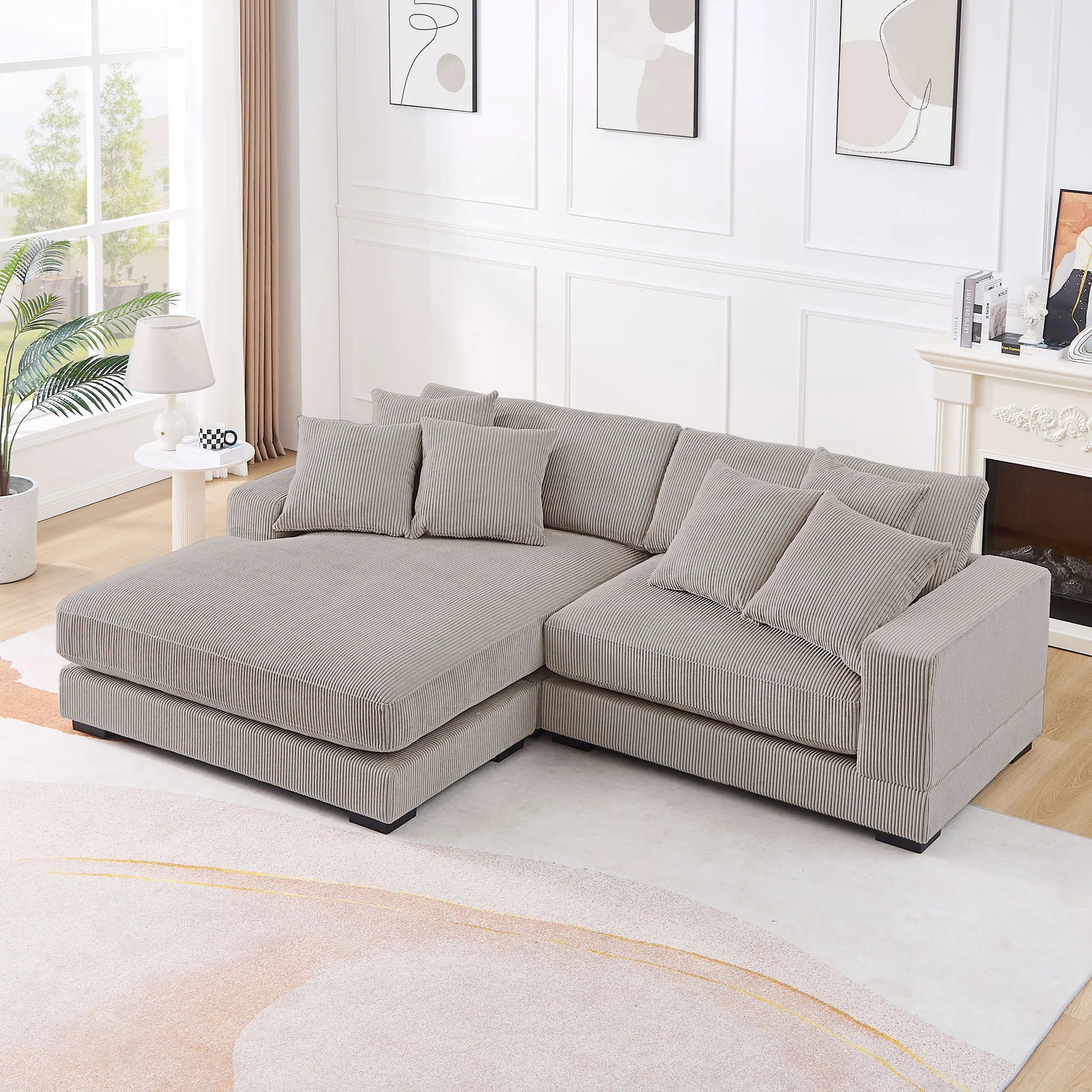 Corduroy Sofa, L-Shaped Couch with Chaise Lounge, Light Brown