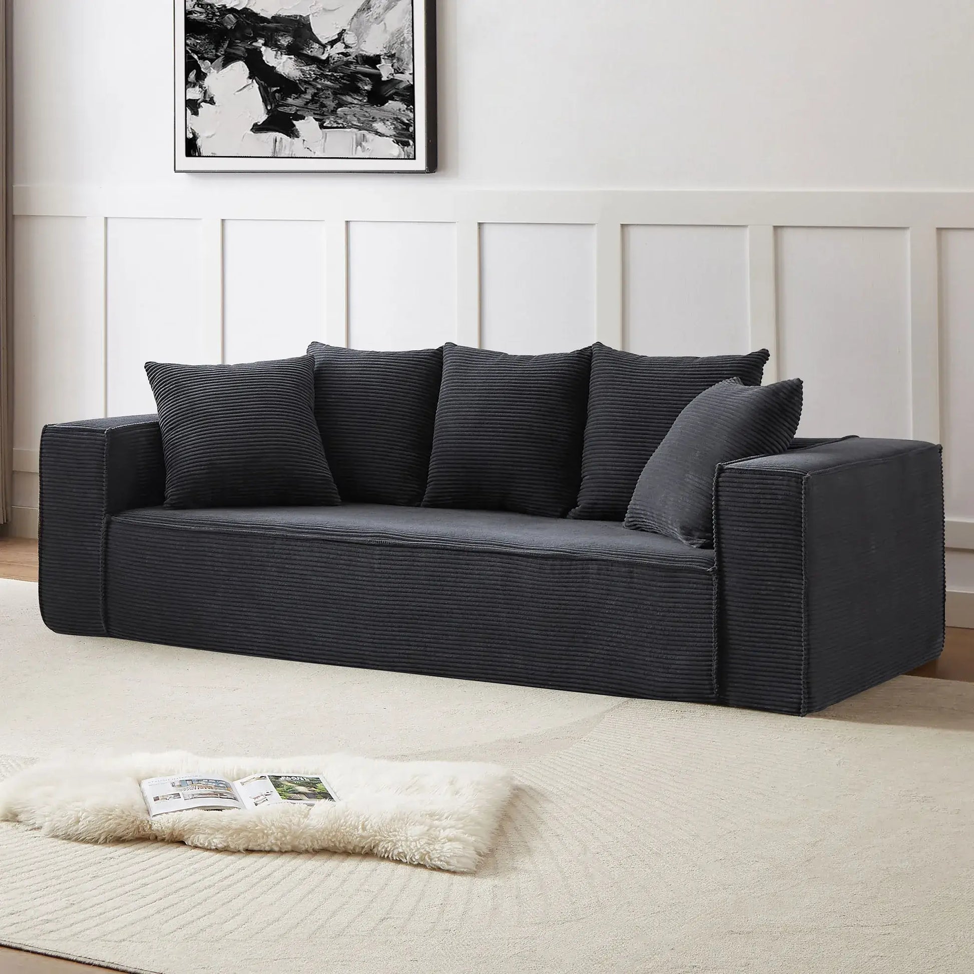 Louie Modern Corduroy Sofa, 3-Seater Couch for Living Room, Bedroom, Apartment in Black