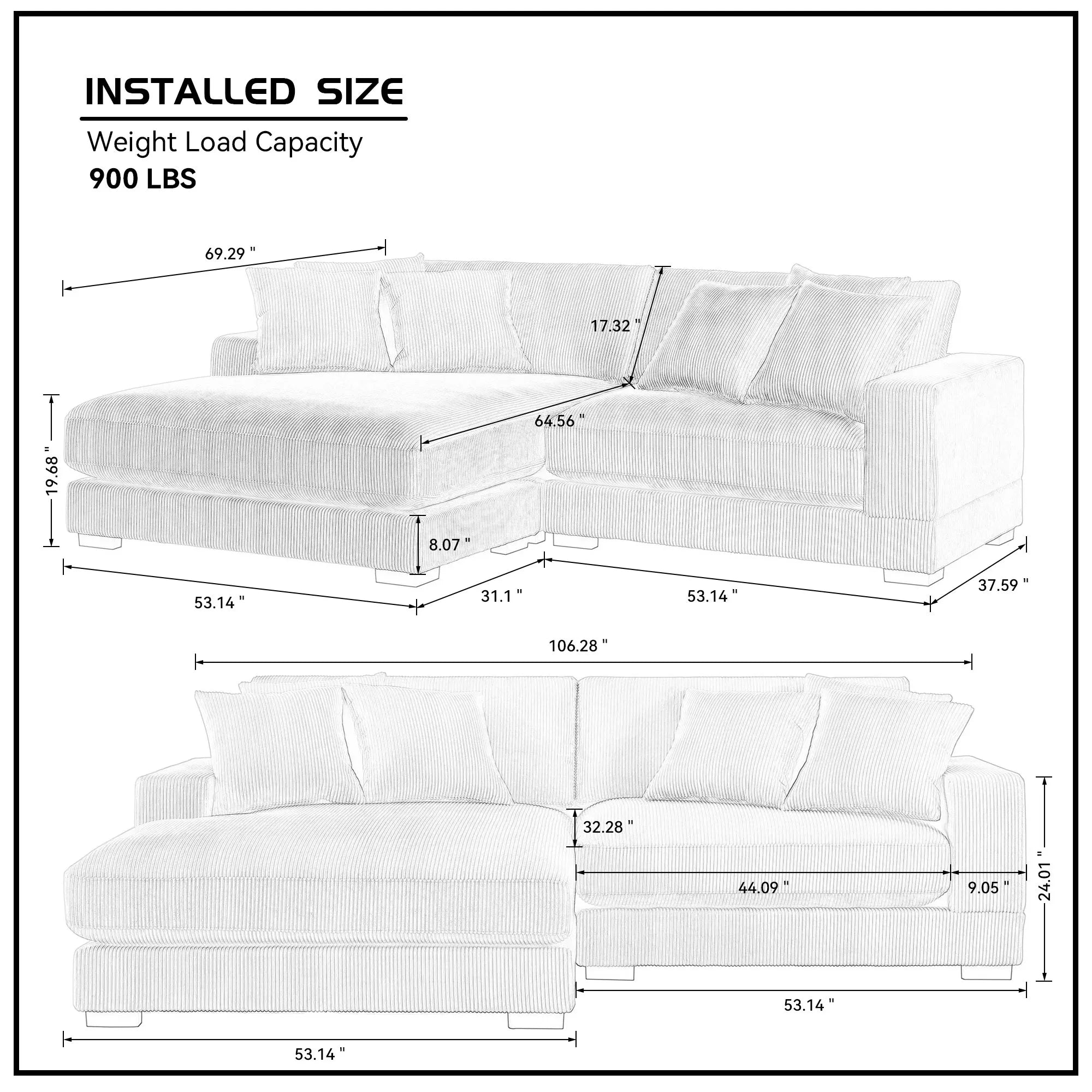 Corduroy Sofa, L-Shaped Couch with Chaise Lounge, Light Brown