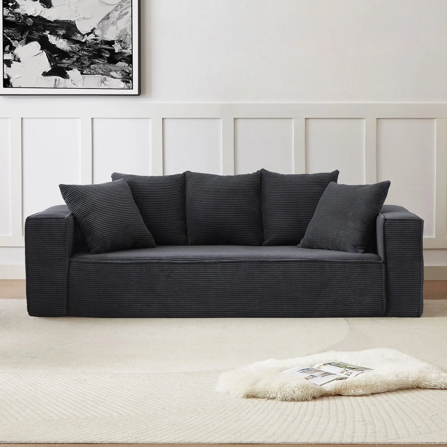 Louie Modern Corduroy Sofa, 3-Seater Couch for Living Room, Bedroom, Apartment in Black