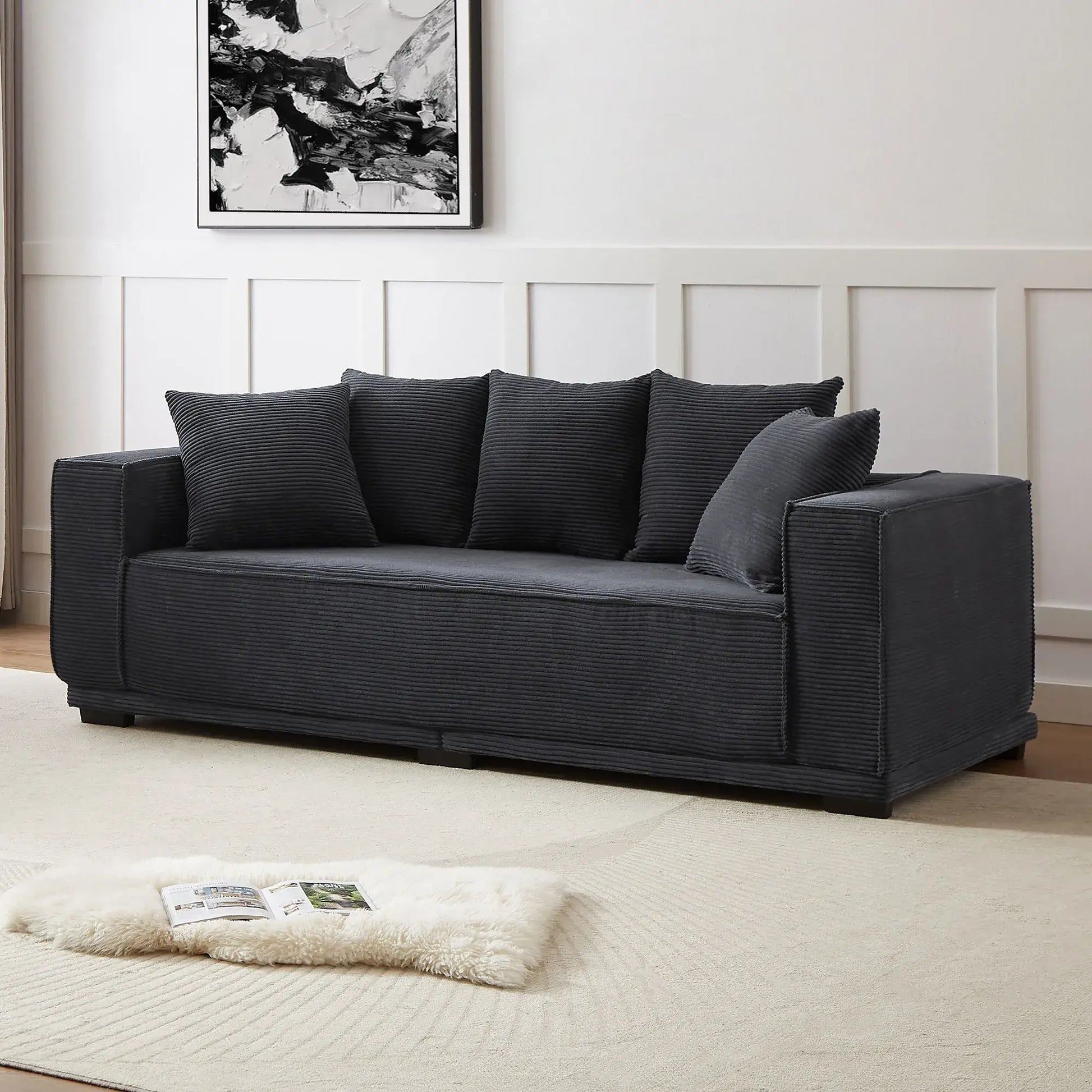 Louie Modern Corduroy Sofa, 3-Seater Couch for Living Room, Bedroom, Apartment in Black