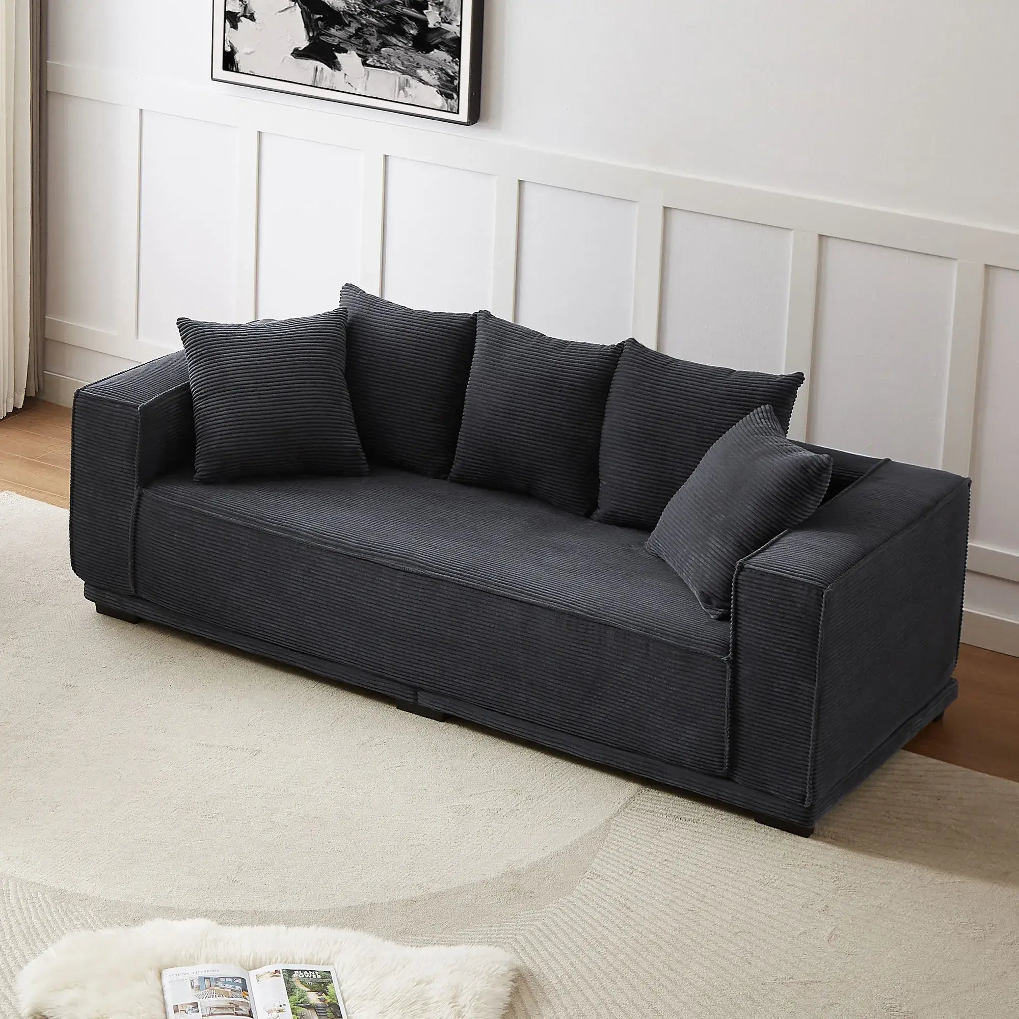Louie Modern Corduroy Sofa, 3-Seater Couch for Living Room, Bedroom, Apartment in Black