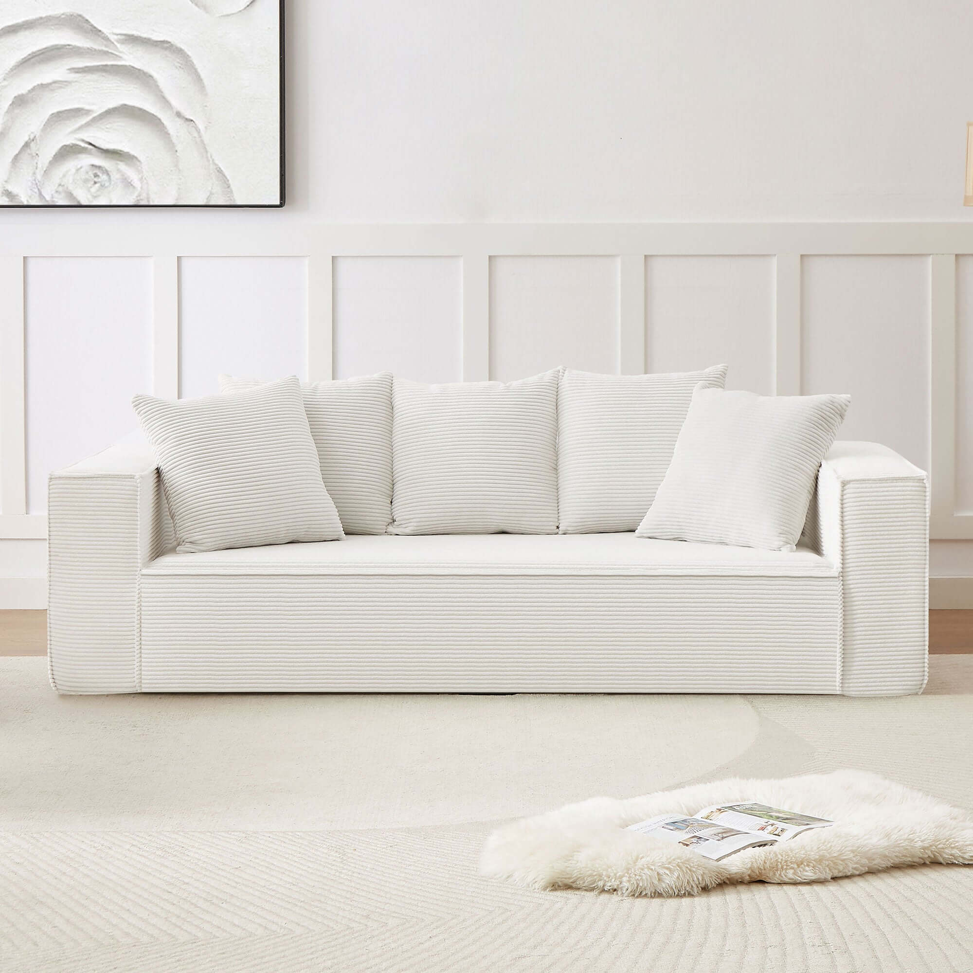 Louie Modern Corduroy Sofa, 3-Seater Couch for Living Room, Bedroom, Apartment in White