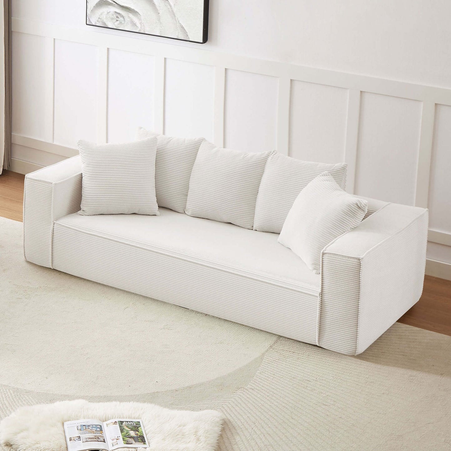 Louie Modern Corduroy Sofa, 3-Seater Couch for Living Room, Bedroom, Apartment in White