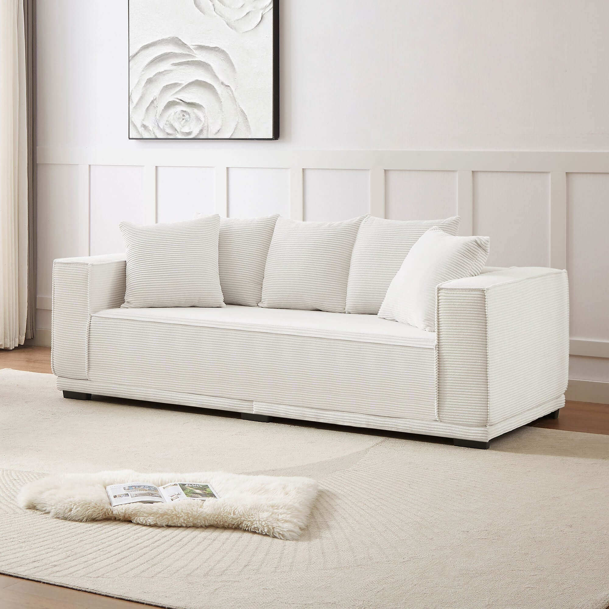 Louie Modern Corduroy Sofa, 3-Seater Couch for Living Room, Bedroom, Apartment in White