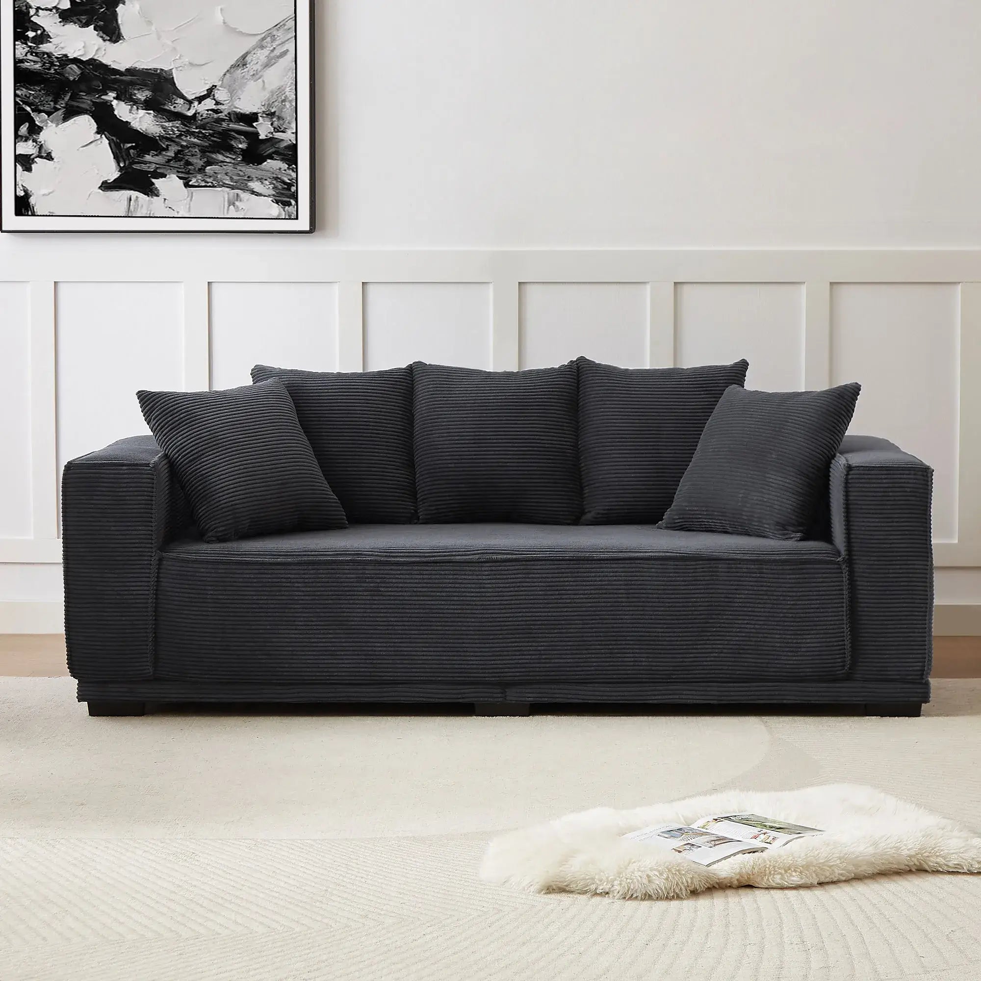 Louie Modern Corduroy Sofa, 3-Seater Couch for Living Room, Bedroom, Apartment - Black