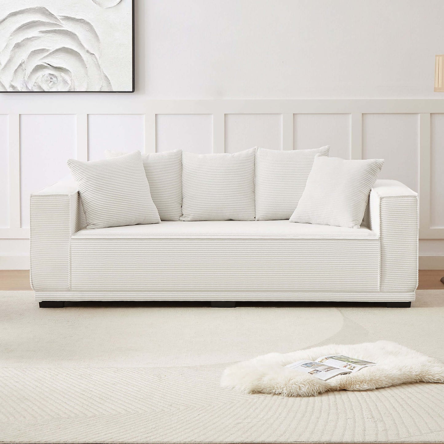Louie Modern Corduroy Sofa, 3-Seater Couch for Living Room, Bedroom, Apartment in White
