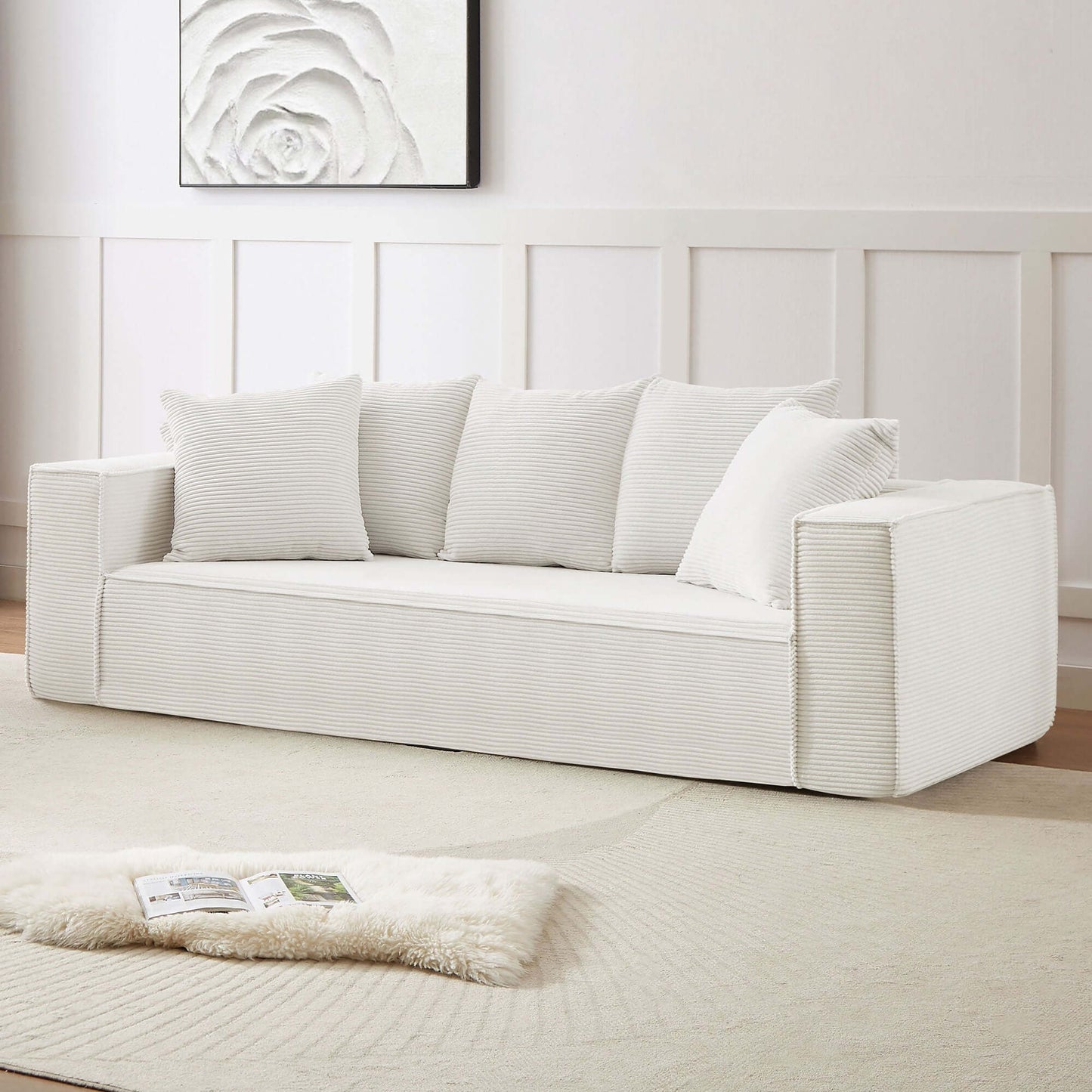 Louie Modern Corduroy Sofa, 3-Seater Couch for Living Room, Bedroom, Apartment in White