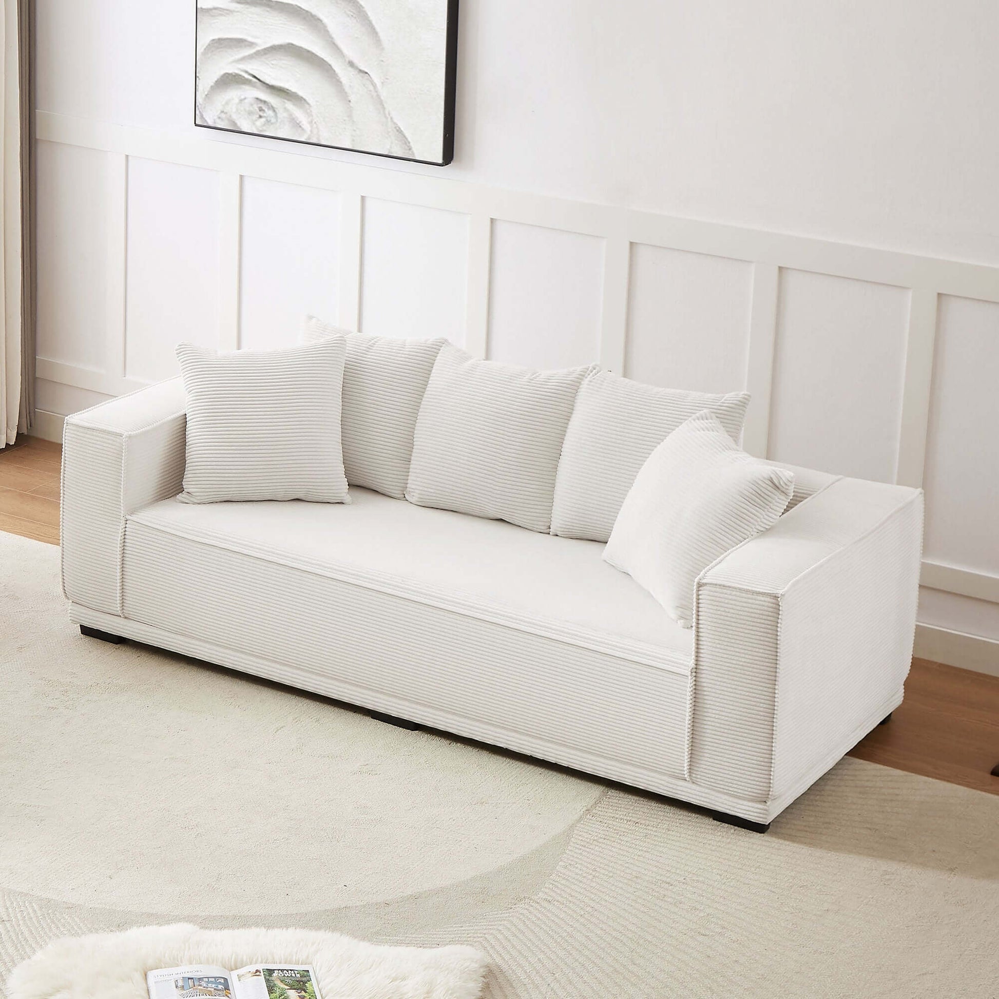 Louie Modern Corduroy Sofa, 3-Seater Couch for Living Room, Bedroom, Apartment in White