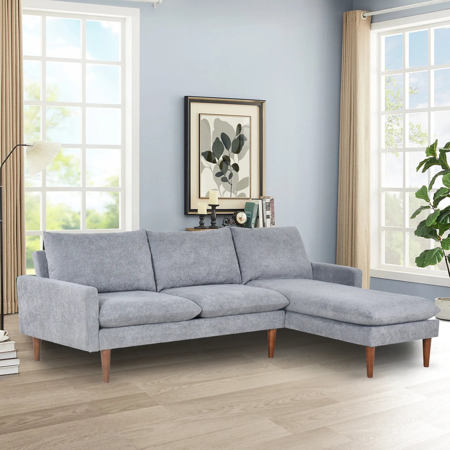 Louie Small Velvet Couch, L Shape Sofa with Chaise, Gray