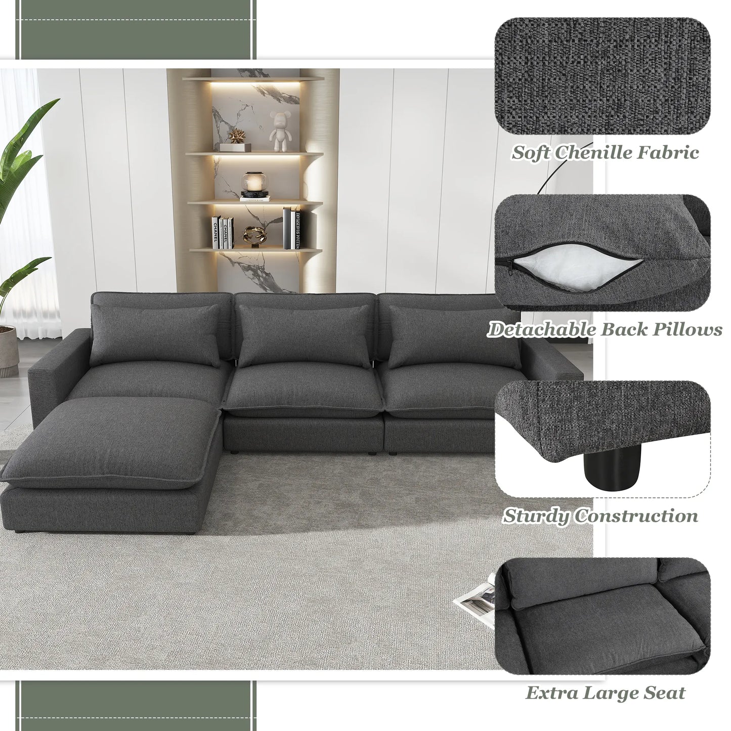 Comfy Sectional Cloud Couch, Chenille Sofa with Ottoman, Grey