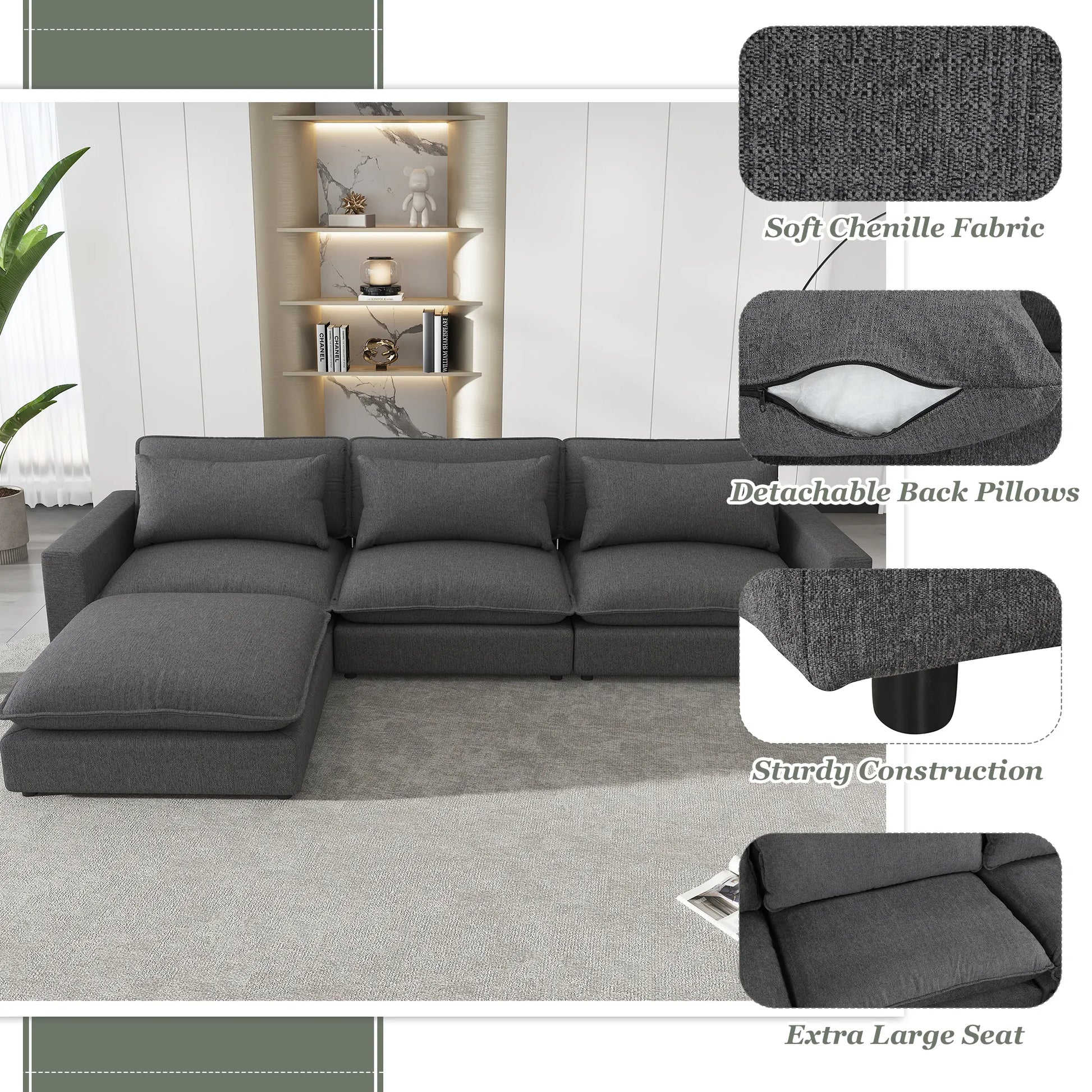 Comfy Sectional Cloud Couch, Chenille Sofa with Ottoman, Grey