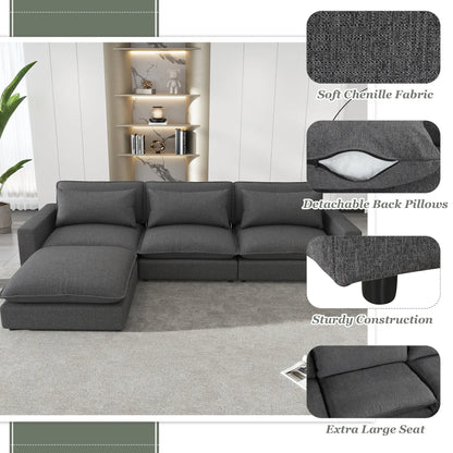 Comfy Sectional Cloud Couch, Chenille Sofa with Ottoman, Grey