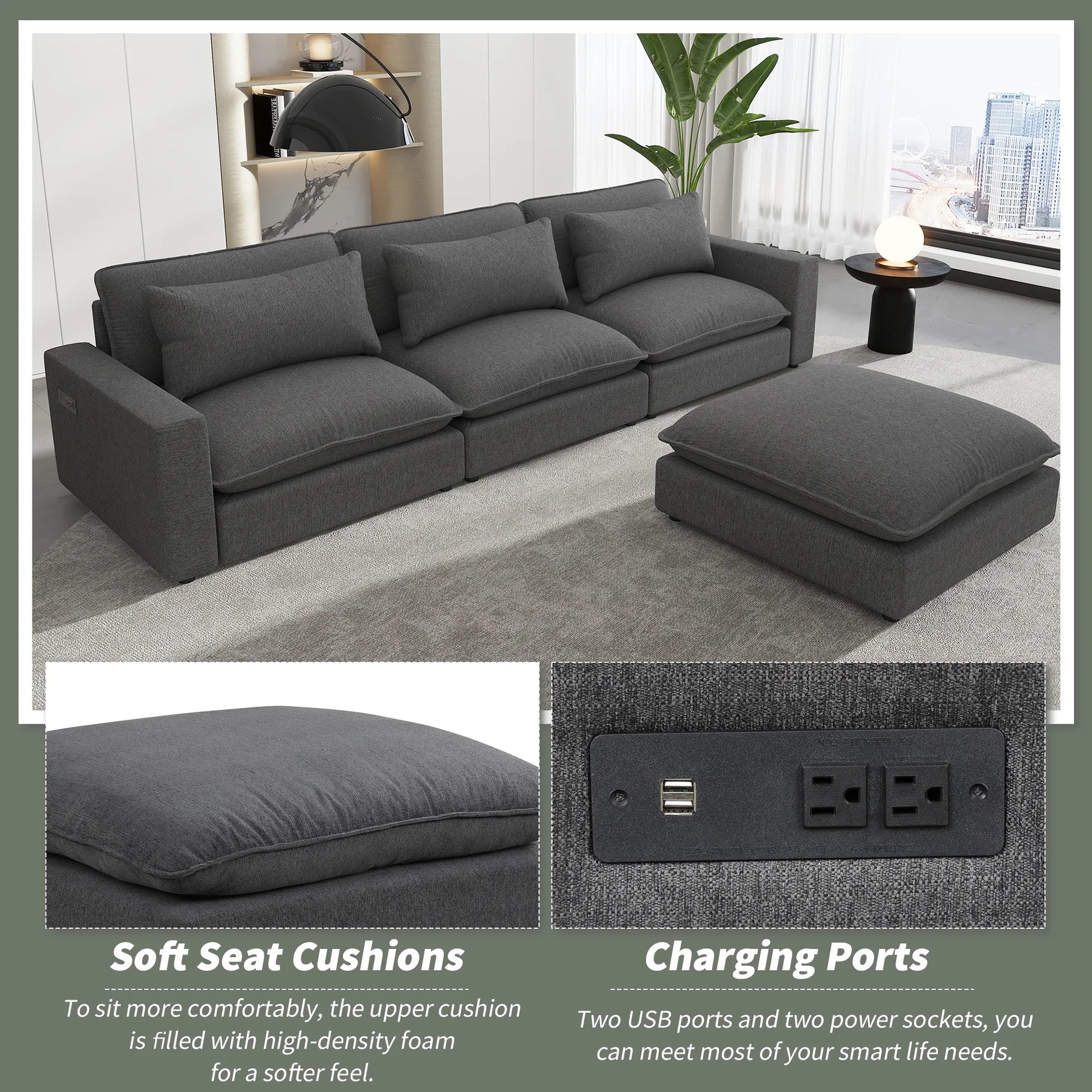 Comfy Sectional Cloud Couch, Chenille Sofa with Ottoman, Grey