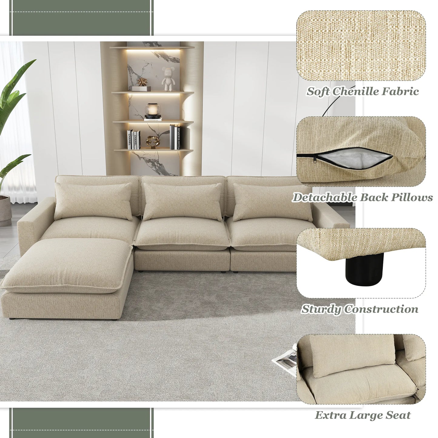 Comfy Sectional Cloud Couch, Chenille Sofa with Ottoman, Beige
