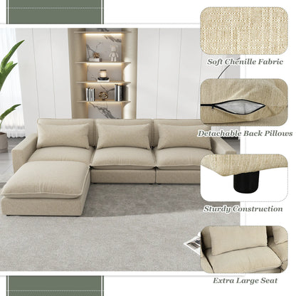 Comfy Sectional Cloud Couch, Chenille Sofa with Ottoman, Beige