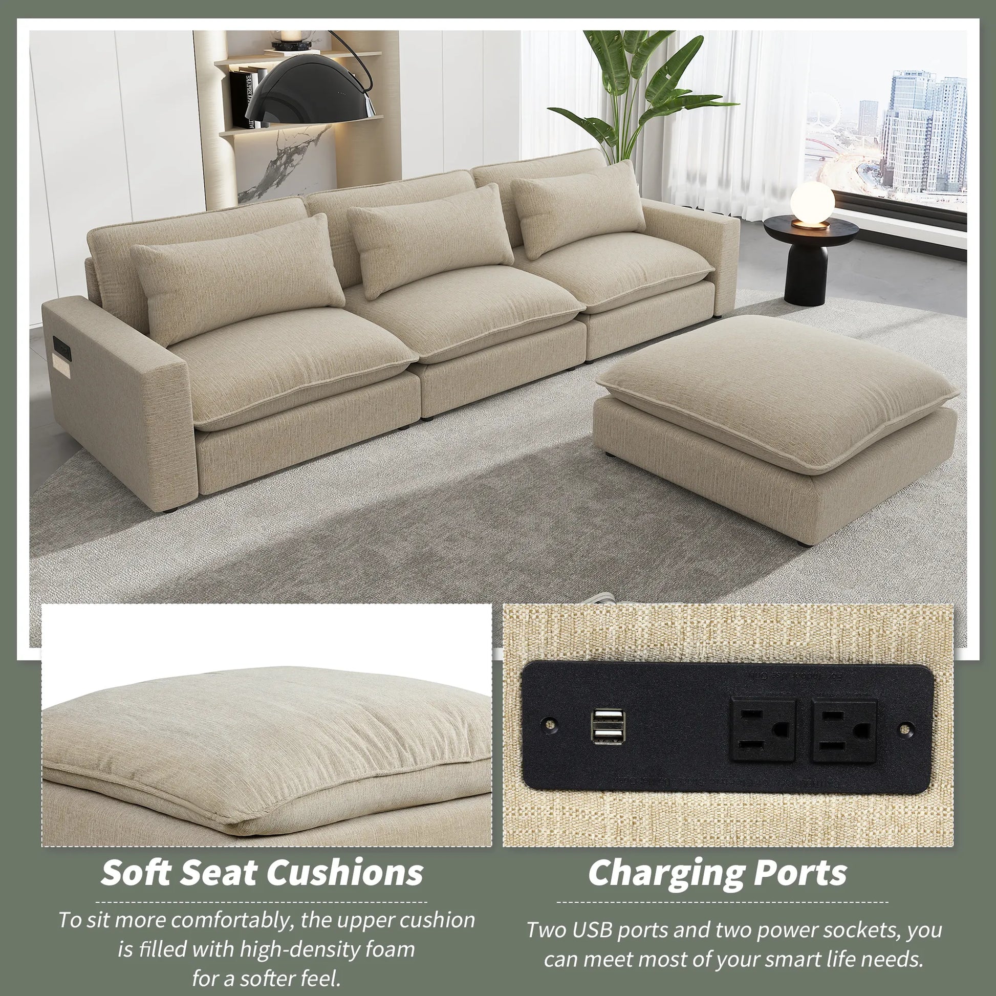 Comfy Sectional Cloud Couch, Chenille Sofa with Ottoman, Beige