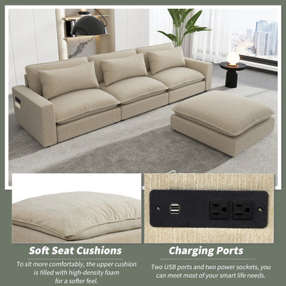Comfy Sectional Cloud Couch, Chenille Sofa with Ottoman, Beige