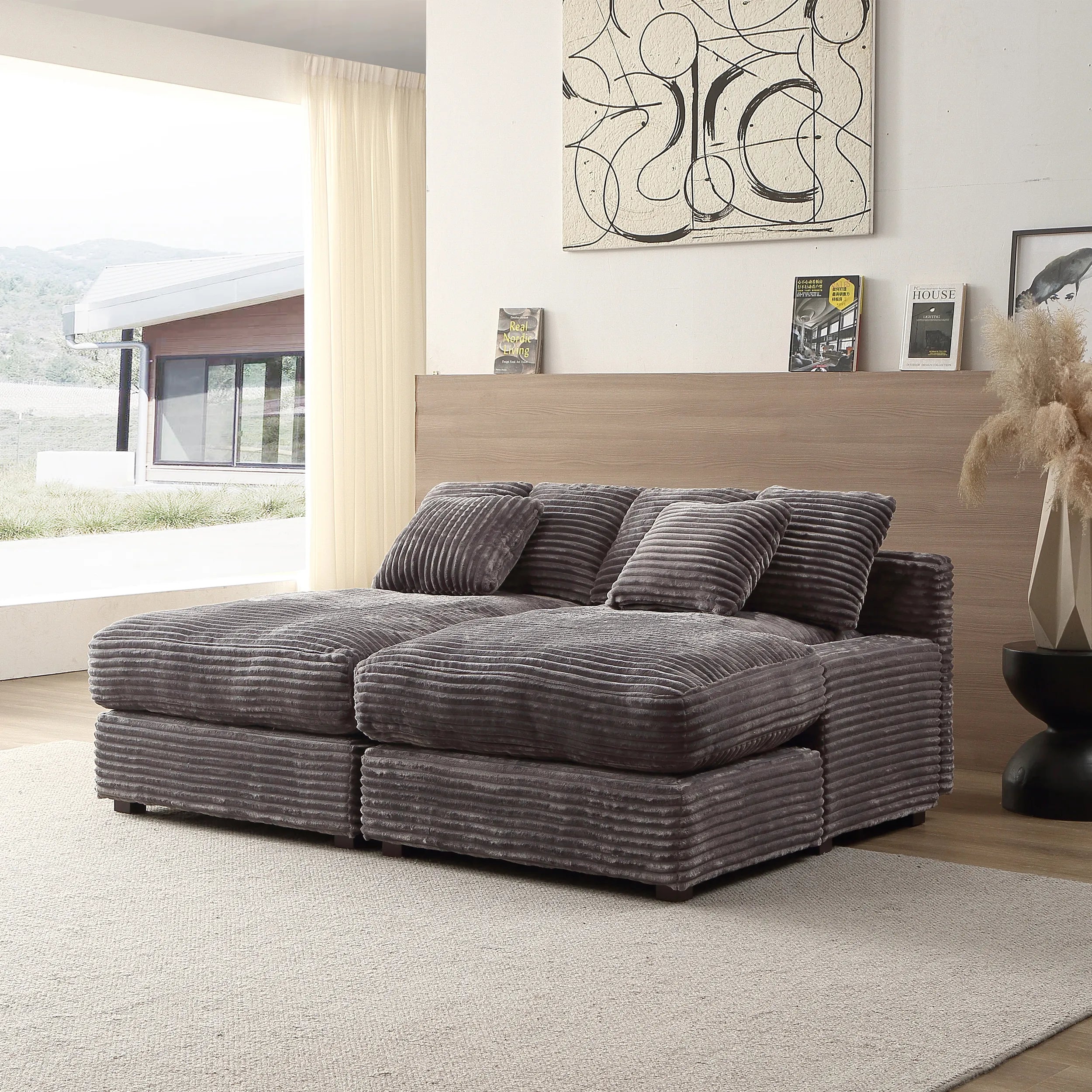 Louie Corduroy Sectional Sofa, Deep Seat Double Chaise Couch - Gray