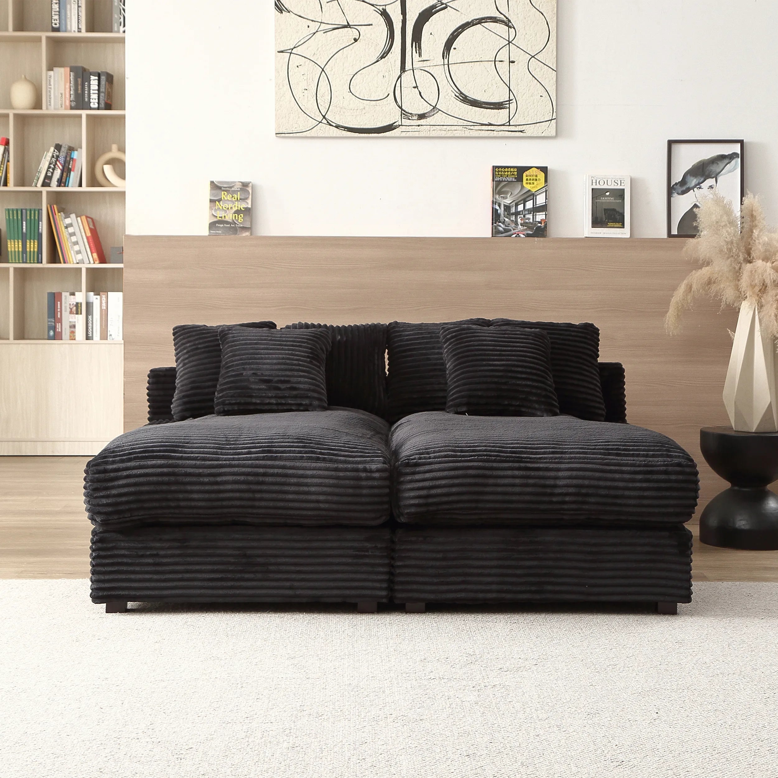 Louie Corduroy Sectional Sofa, Deep Seat Double Chaise Couch - Black