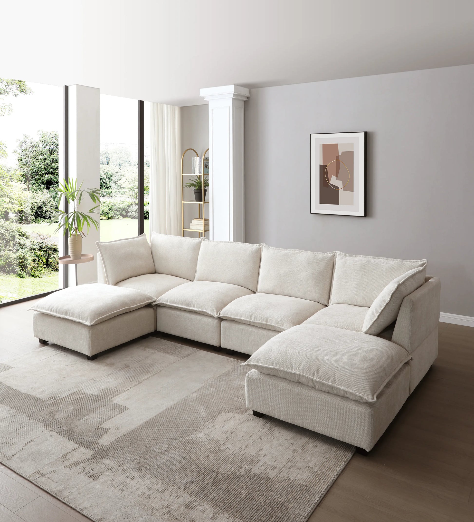 Large Cloud Sectional Sofa, Linen U Shaped Couch with Ottomans, Beige