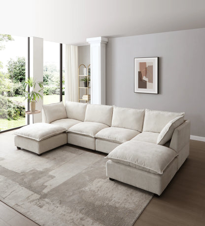 Large Cloud Sectional Sofa, Linen U Shaped Couch with Ottomans, Beige