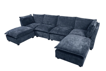 Large Cloud Sectional Sofa, Linen U Shaped Couch with Ottomans, Blue