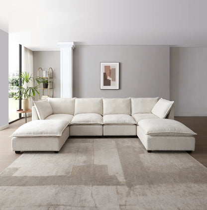 Large Cloud Sectional Sofa, Linen U Shaped Couch with Ottomans, Beige