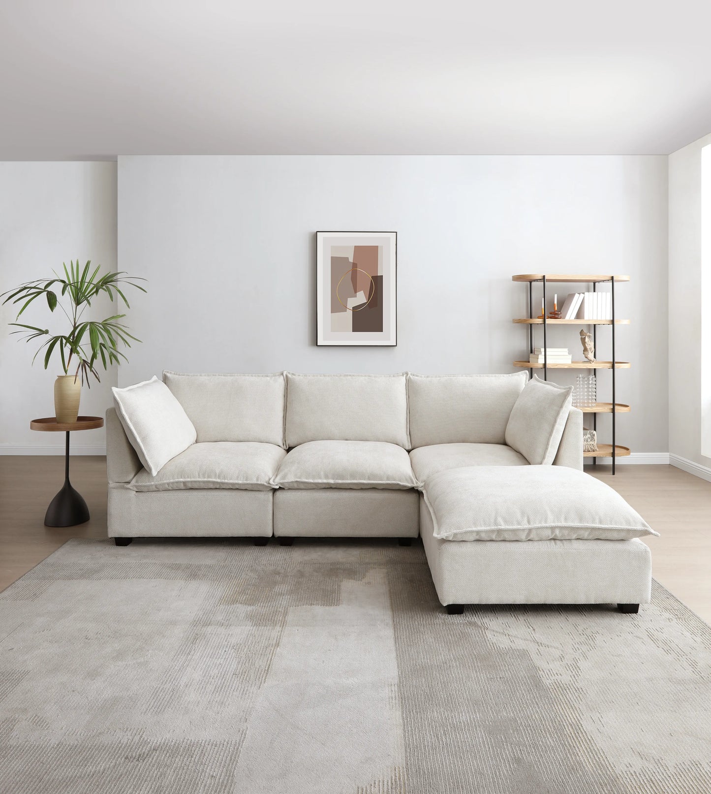 Plush Modular Sectional Sofa, L-Shaped Couch with Ottoman, Beige