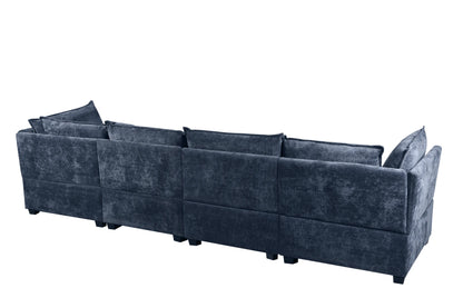 Large Cloud Sectional Sofa, Linen U Shaped Couch with Ottomans, Blue