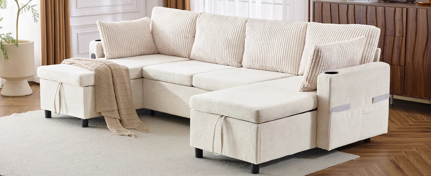 Corduroy Couch with Chaise Sleeper, Sectional Sofa Pull-Out, Beige