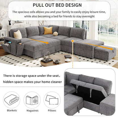 Sleeper Sectional, Sofa L Shape, Couch with Ottoman and Storage, Gray