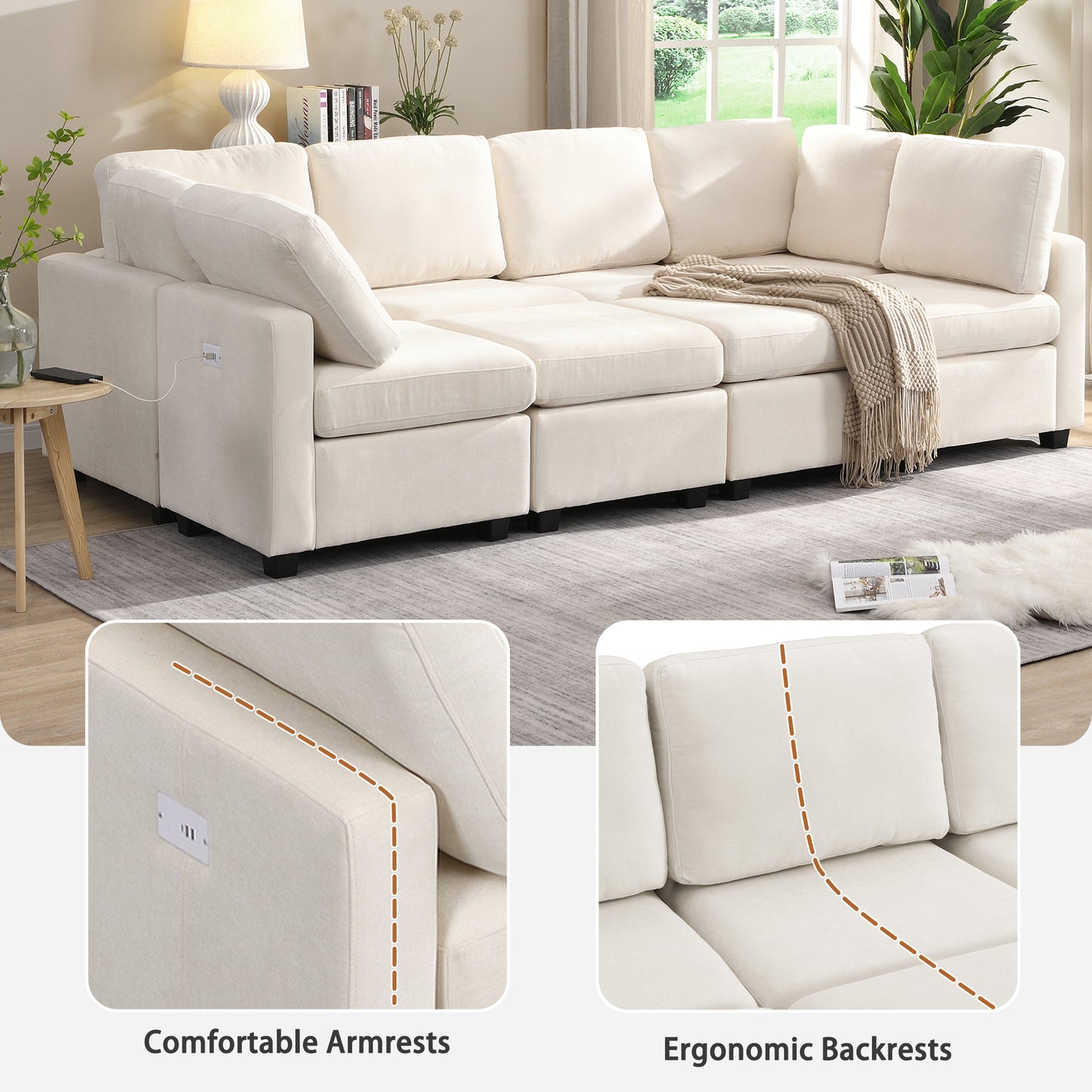 U Shaped Couch, Chenille Sectional Sofa with Ottoman, Beige