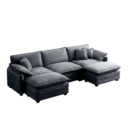 U Shape Sectional Cloud Sofa, Plush Corduroy Couch with Ottoman, Grey