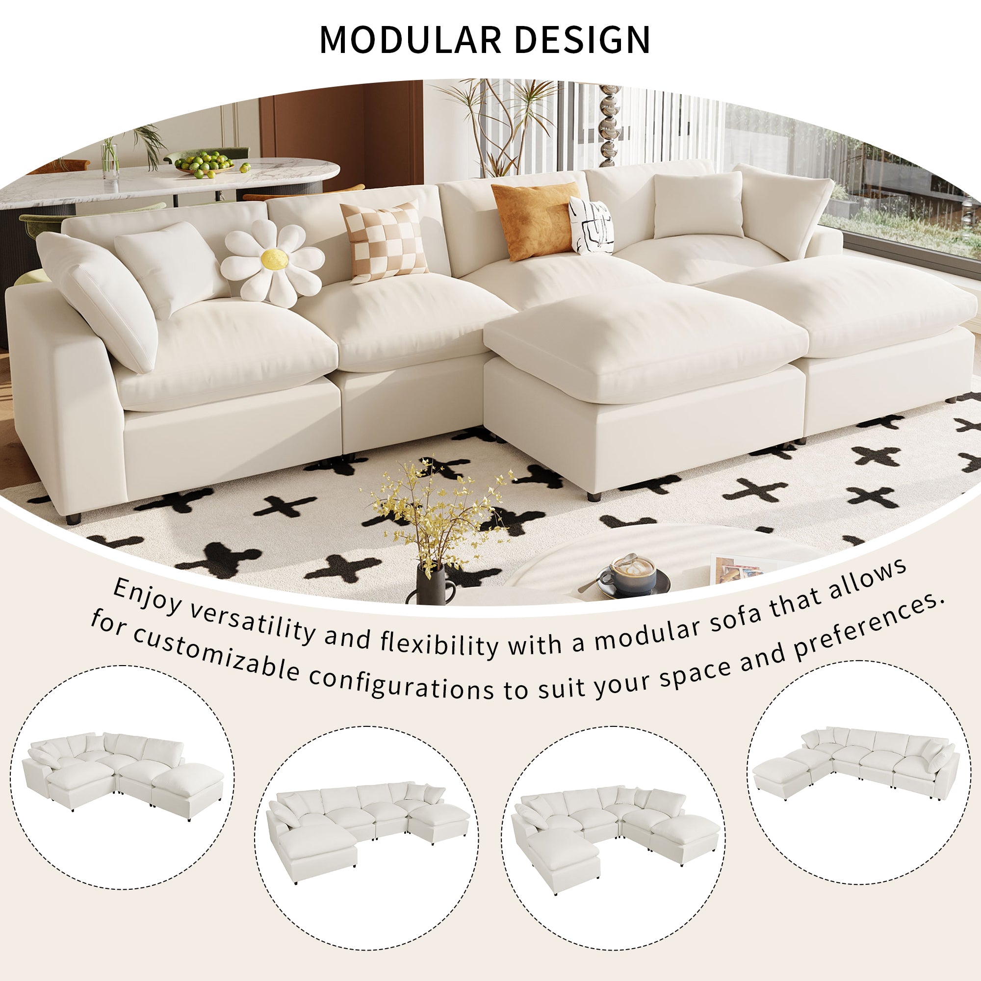 U Shaped Sectional, Large Modular Couch with Ottomans, Beige