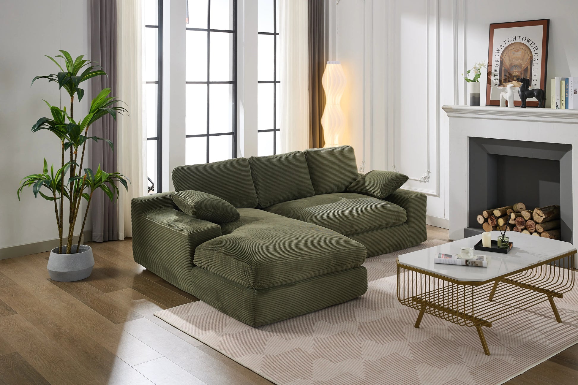 Chaise Lounge Sofa, L Shape Reversible Corduroy Couch Sectional, Green