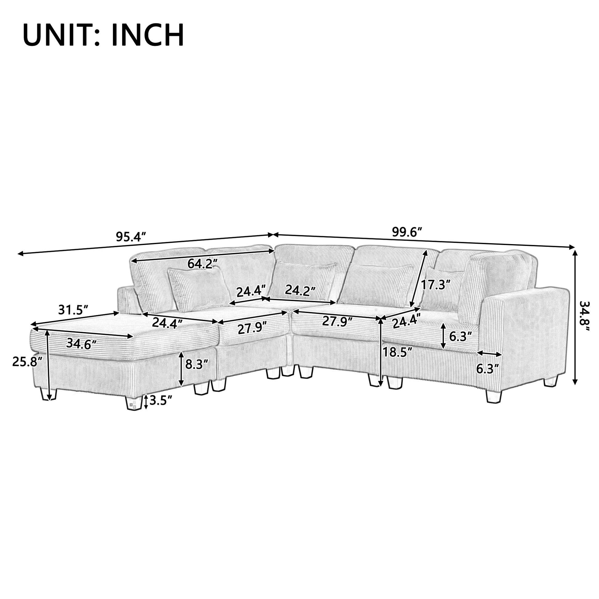 Louie Modular Sectional Sofa, Corduroy Couch with Ottoman - Beige