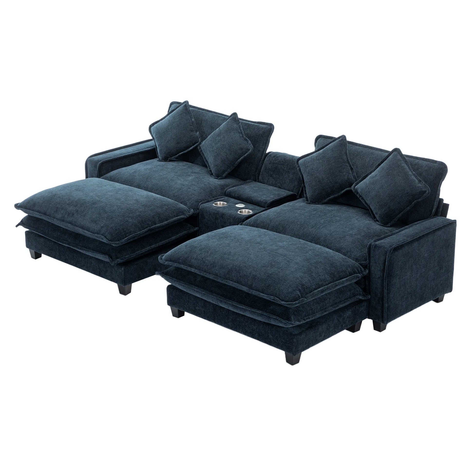 Plush Couch, Deep Seat Couch with Ottomans, Blue