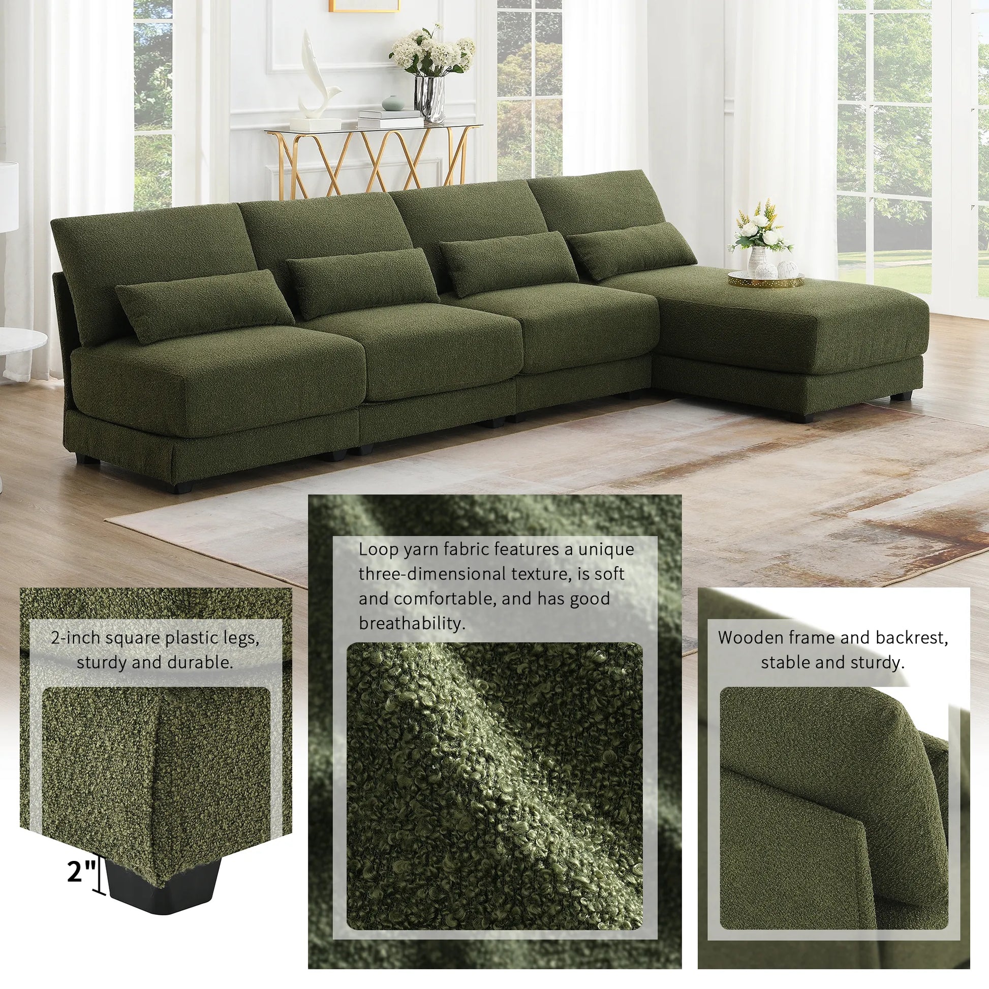 L Shape Couch, Deep Seat Sectional Sofa with Reversible Chaise, Green