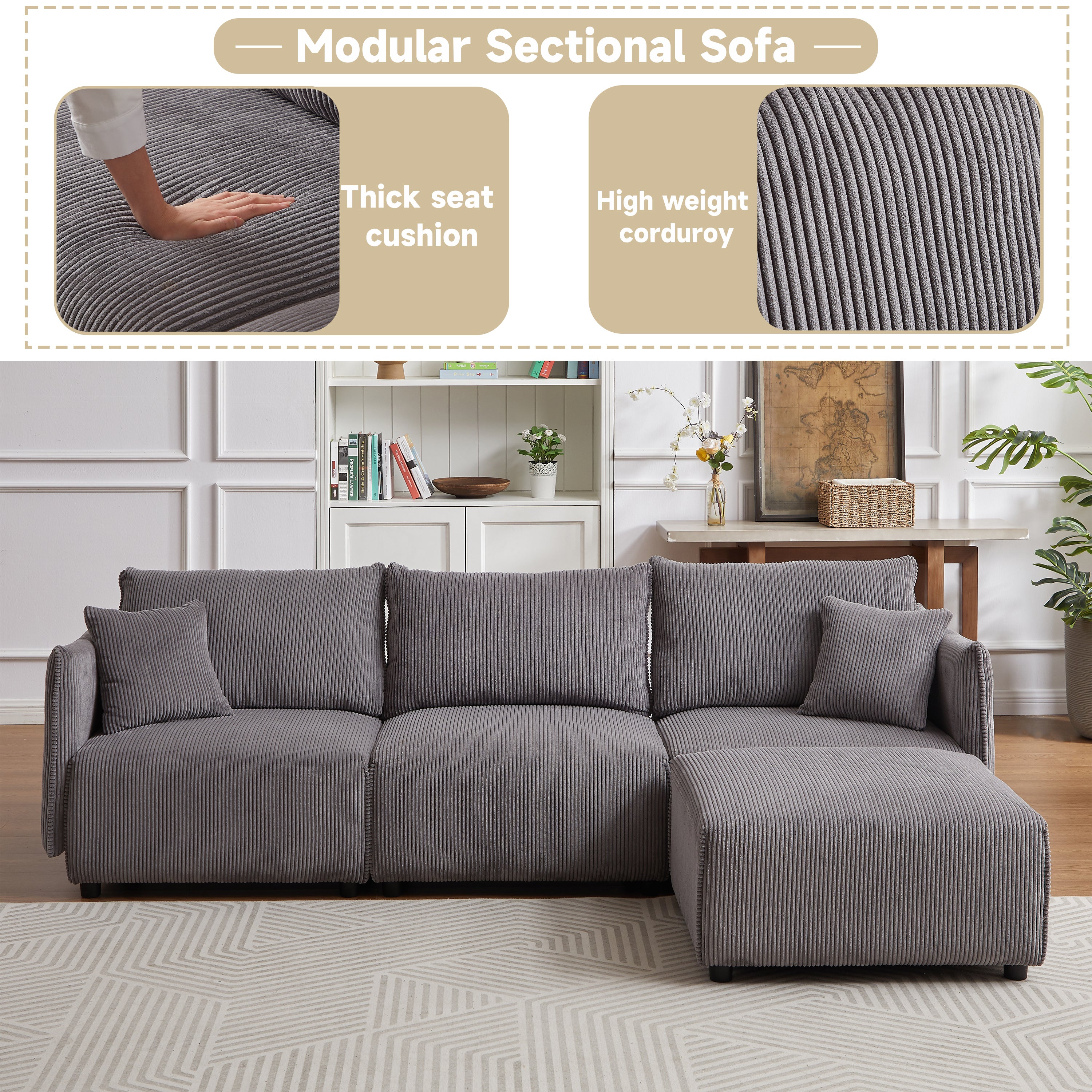 Modular U Shaped Sectional Sofa, Corduroy Couch with Ottoman - Gray