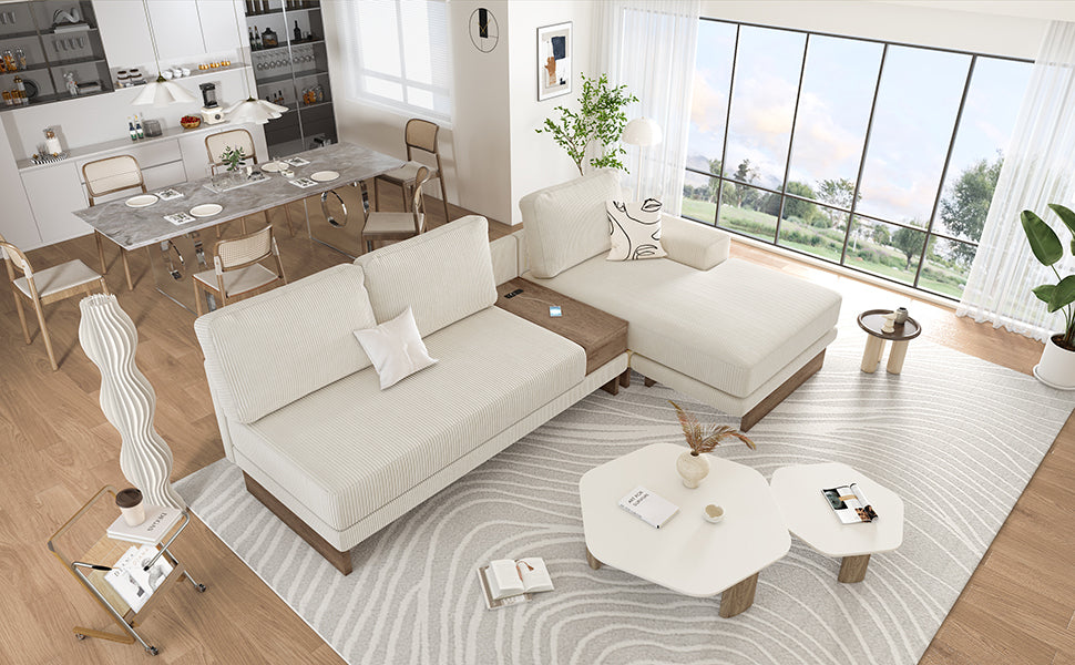 Corduroy Couch, Modern L Shaped Sectional Sofa with Reversible Chaise, Beige