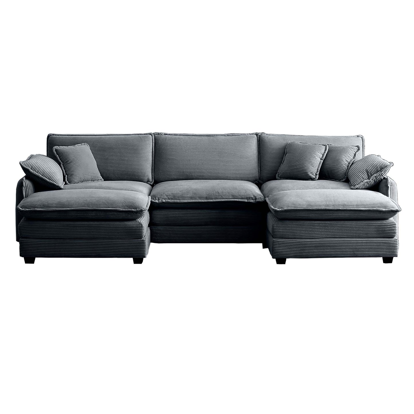 U Shape Sectional Cloud Sofa, Plush Corduroy Couch with Ottoman, Grey